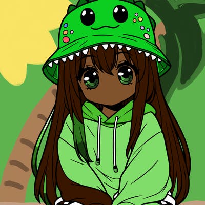 girl with anime shaped eyes with a dinosaur bucket hat oversized sweatshirt long straight hair