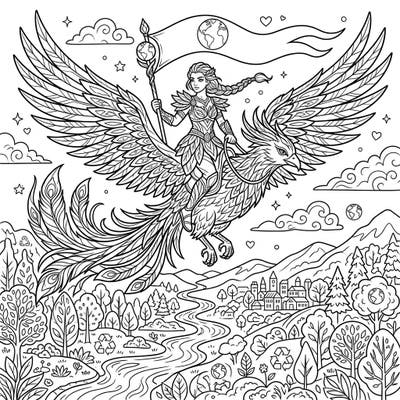 Embark on an epic coloring journey with a powerful phoenix rider, soaring high to protect our planet. This inspiring scene beautifully combines mythical adventure with the vital message of Earth Day.