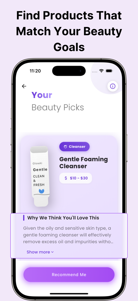 Glow AI - Skin Care AI Coach - A mobile app screen titled Your Beauty Picks displaying a gentle foaming cleanser recommendation based on skin type
