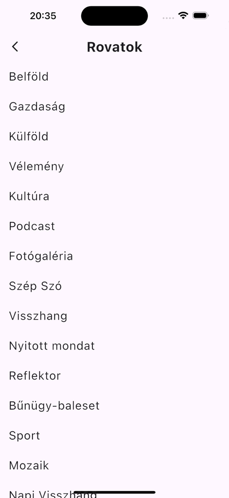 Screenshot of the Nepszava news app showing a menu list of news categories in Hungarian