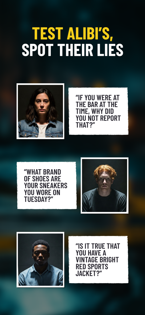 Solve:Crime & Murder Detective - Suspect interrogation screen in Solve: Crime & Murder Detective featuring suspect portraits and questioning prompts to spot lies.