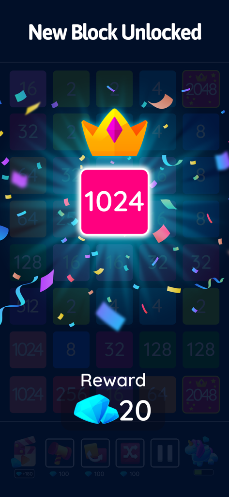 Nuevo bloque 1024 desbloqueado con recompensas de diamantes en el juego de puzzle 2048 Blast