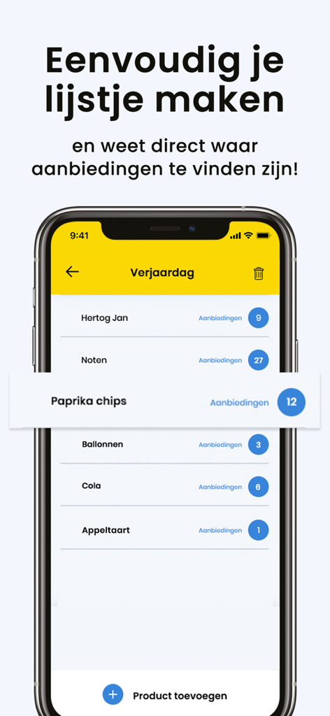 A mobile screen showing the Folders.nl app grocery list feature with real-time deal alerts for items like chips and drinks.