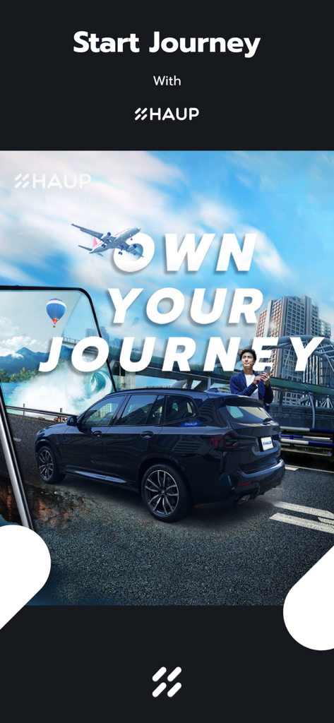 Haup - HAUP app promotional screen featuring a black car and travel imagery with the text Own Your Journey.
