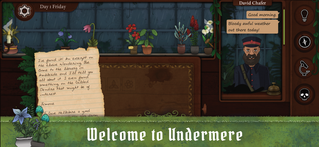 Strange Horticulture - Gameplay screenshot of Strange Horticulture showing an occult plant shop in Undermere with a customer and various plants on display.