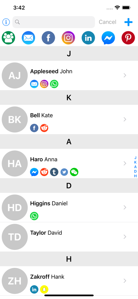 Mobile app interface showing a list of contacts with integrated social media and messaging icons for each entry