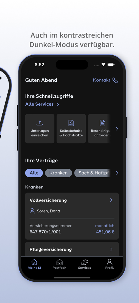 Meine SI Mobile - Smartphone screen showing the Meine SI Mobile insurance app dashboard in high contrast dark mode