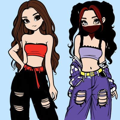 2 girls in crop tops and baggy jeans ripped