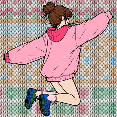 realistic girl jumping with a bun and oversized sweatshirt