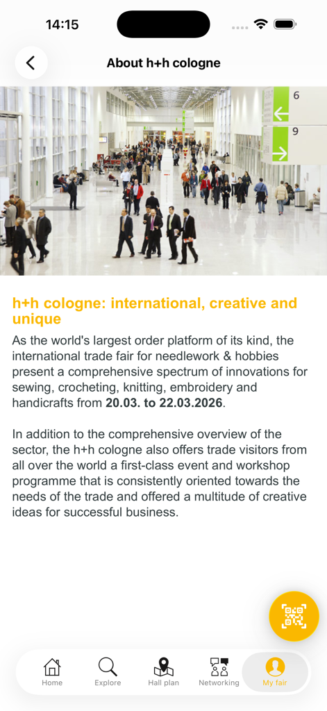 h+h cologne - Tela 'Sobre' do aplicativo h+h cologne exibindo detalhes do evento da feira e uma foto do salão de exposições