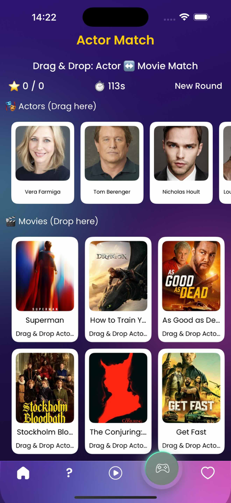 Interfaccia di un'app mobile che mostra un gioco di curiosità cinematografiche chiamato Actor Match con foto di attori e poster di film da abbinare.