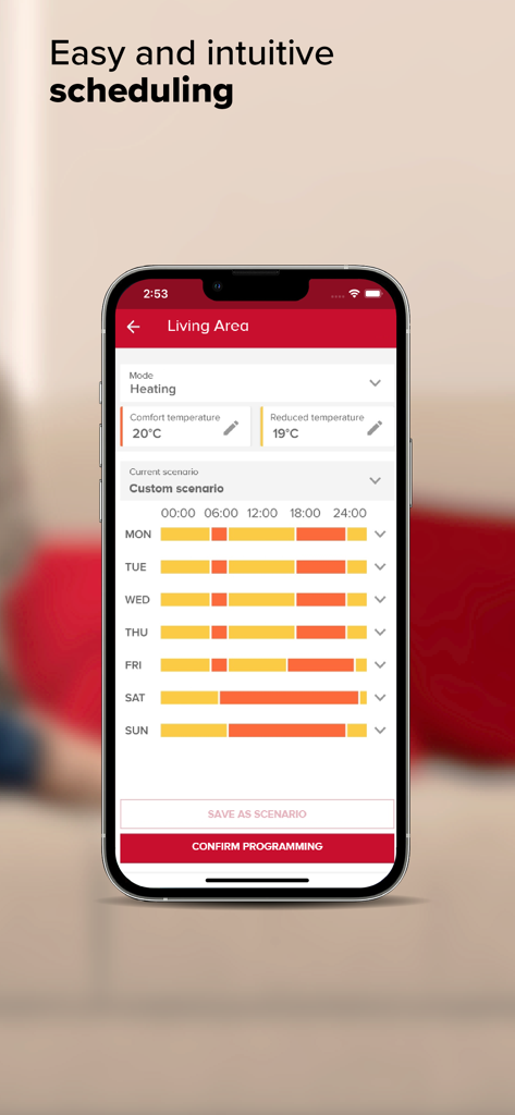 Ariston NET - Ariston NET app interface showing easy and intuitive weekly heating scheduling for home living area