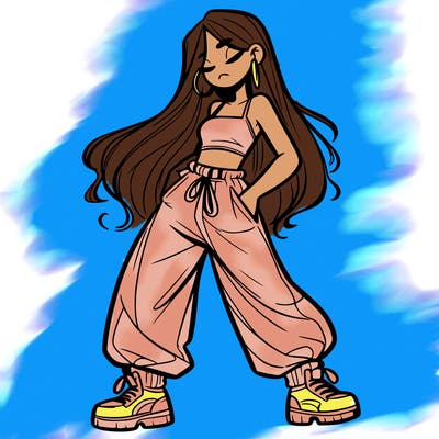 girl in baggy pants crop top and long hair