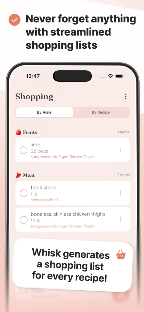 Whisk: Recipe Keeper & Planner - Whisk app showing a streamlined shopping list organized by grocery aisle for saved recipes