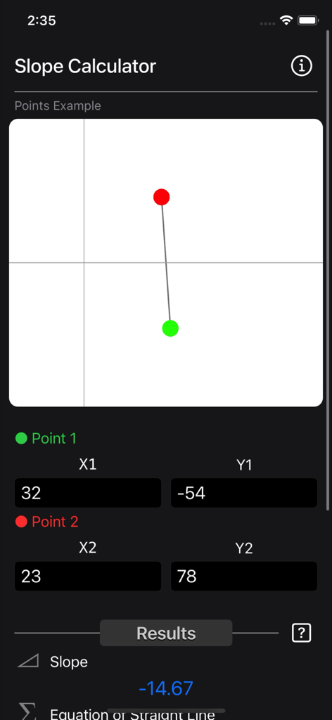 Slope Calculator Plus - Interface of the Slope Calculator Plus app showing coordinate inputs and calculated slope results with a reference graph.
