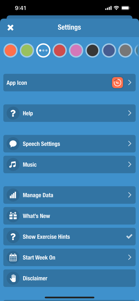 Settings screen of Streaks Workout app featuring theme colors and configuration options