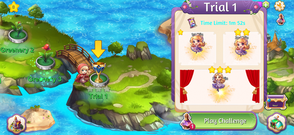 In-game screen showing Trial 1 challenge popup with rewards and world map in Merge Magic Princess