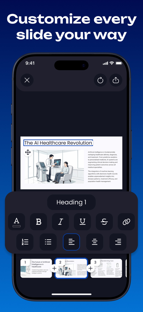 A tela de um smartphone mostrando as ferramentas de edição de slides e uma apresentação sobre saúde no aplicativo Gamma AI Slide Maker