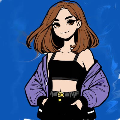 a realistic girl with a crop top and short shorts in an open jacket