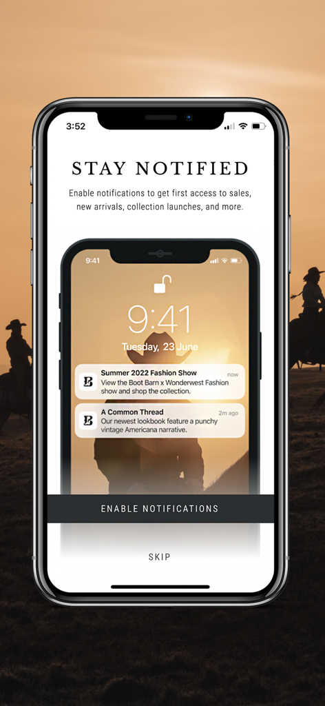 Pantalla de la app móvil de Boot Barn pidiendo a los usuarios que habiliten notificaciones para tener acceso anticipado a ofertas y nuevas colecciones