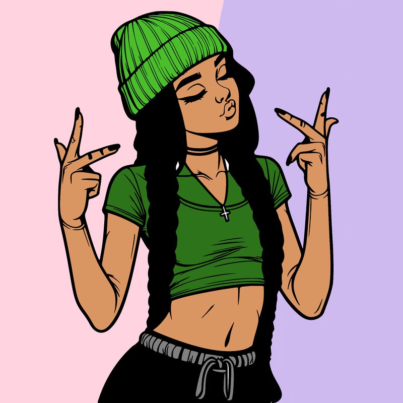 realistic teenage girl with braids and a beanie and crop top doing 🫶🏼