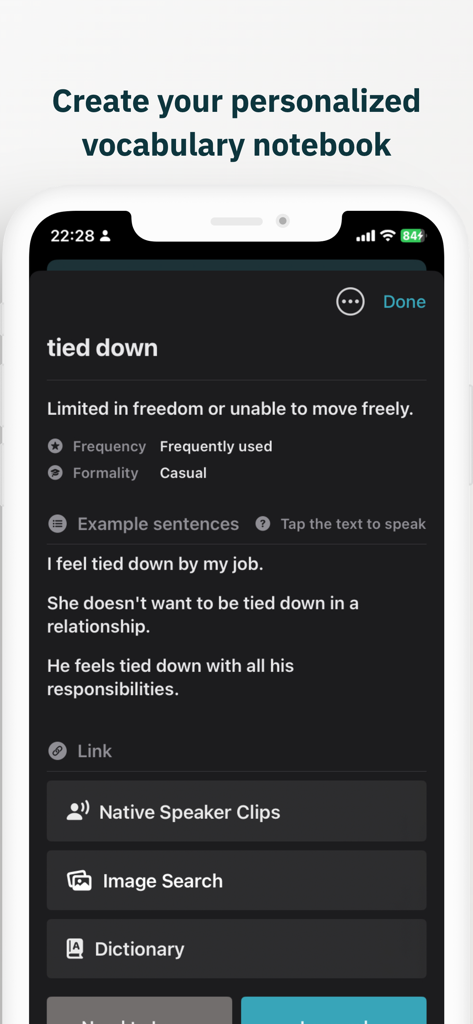 DRAWER – AI Language Journal - DRAWERアプリのスマートフォン画面。語彙ノートのエントリとして「tied down」というフレーズが表示され、定義と例文が示されています。