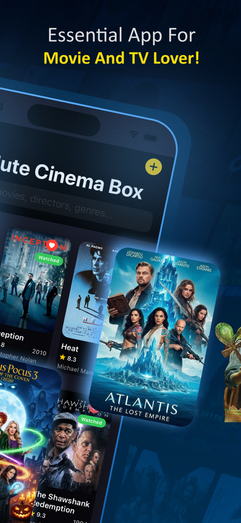 Absolute - Movies & TVShow Box - Interfaz de la aplicación Absolute Cinema Box que muestra una biblioteca de películas y funciones de descubrimiento.