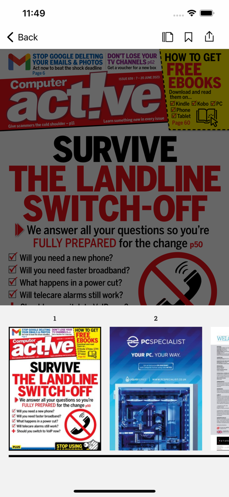 Computeractive - '유선 전화 전환에서 살아남기'라는 헤드라인이 포함된 잡지 표지를 보여주는 Computeractive 앱의 스크린샷