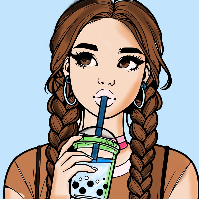 realistic girl with braided hair drinking boba