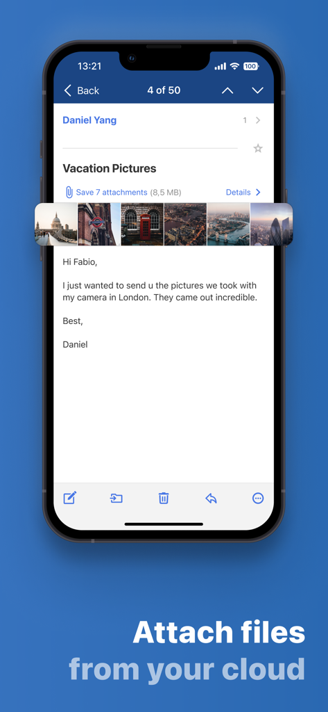 Tela do smartphone exibindo o aplicativo mail.com com um e-mail e vários anexos de fotos da nuvem