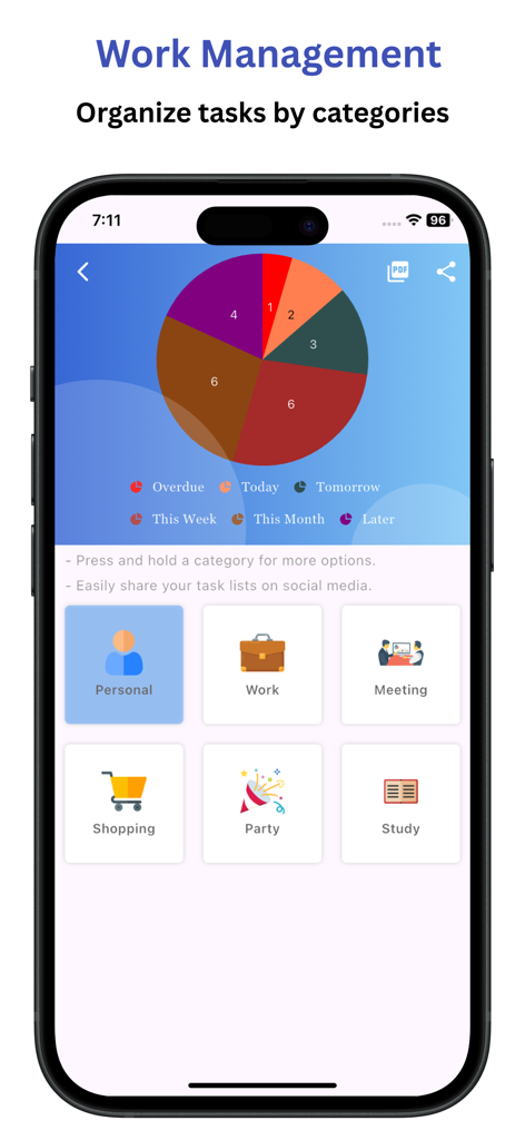 Daily Schedule Planner: Notify - Daily Schedule Planner app interface showing task categories and a productivity pie chart for work management