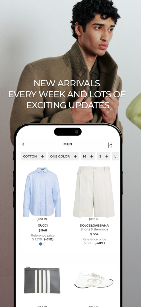 YOOX - YOOX app interface showing men's designer fashion new arrivals including Gucci and Dolce and Gabbana