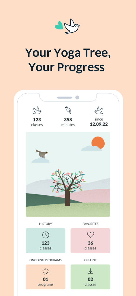 Yoga & Meditation | Gotta Yoga - A screenshot of the Gotta Yoga app interface showing the personalized yoga tree progress screen with statistics like classes completed and minutes practiced