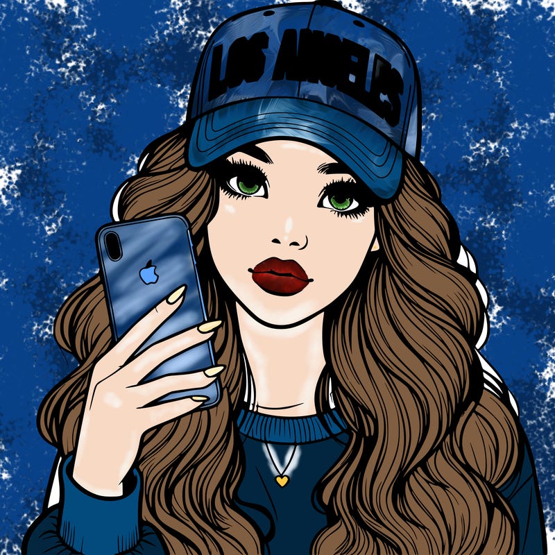 realistic beautiful girl wearing los ángeles cap holding an iphone