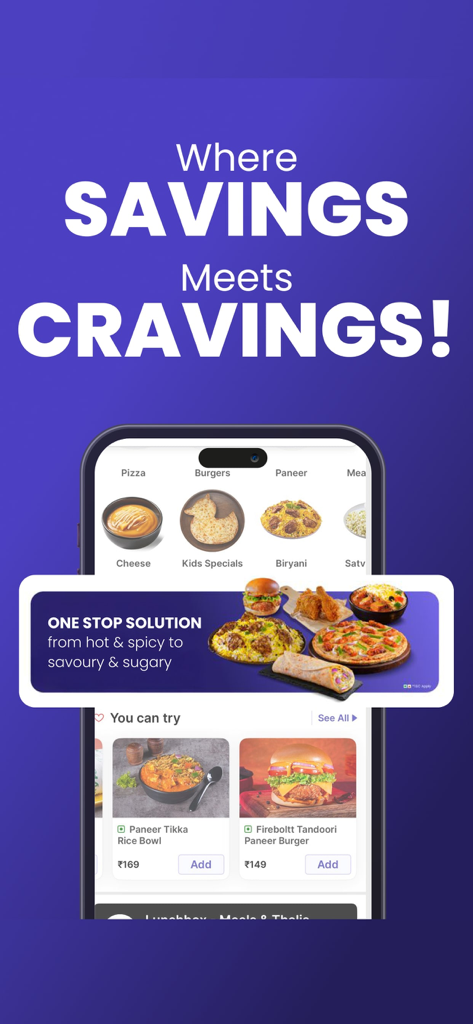 L'interface de l'application mobile EatSure présente une variété de plats comme le biryani et les hamburgers, avec une promotion.