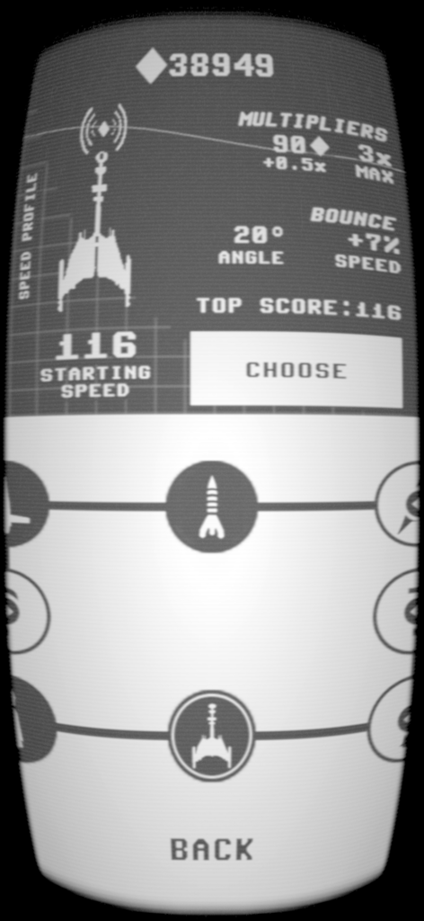 Star Jolt: Retro Space Arcade - Retro monochrome ship selection screen in Star Jolt showing spacecraft stats and unlockable ships