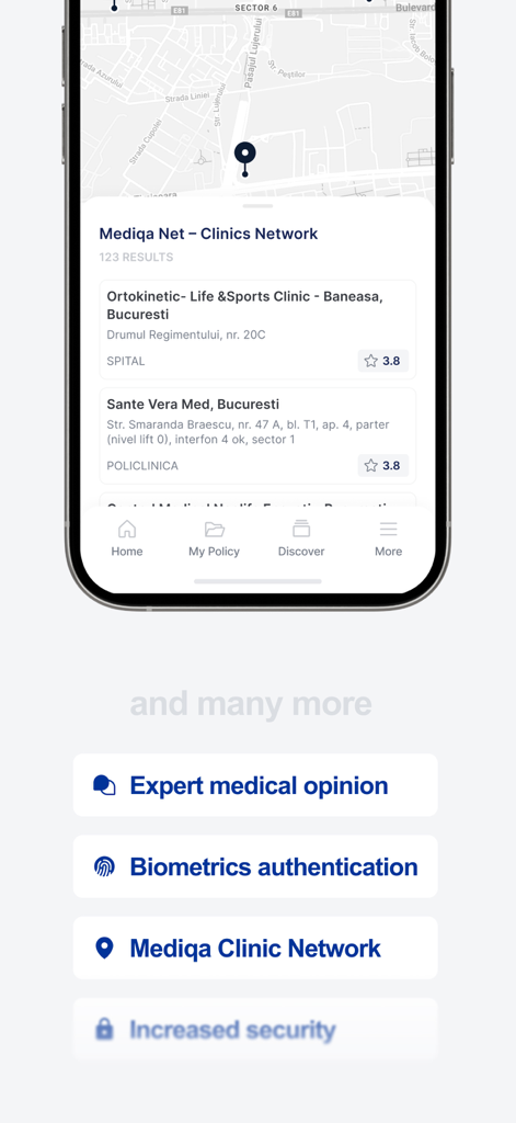 Signal Care Assistant - Interfaccia dell'app Signal Care Assistant che mostra la mappa della rete di cliniche Mediqa Net e l'elenco dei servizi medici