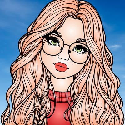 girl with long hair and freckles and glasses realistic