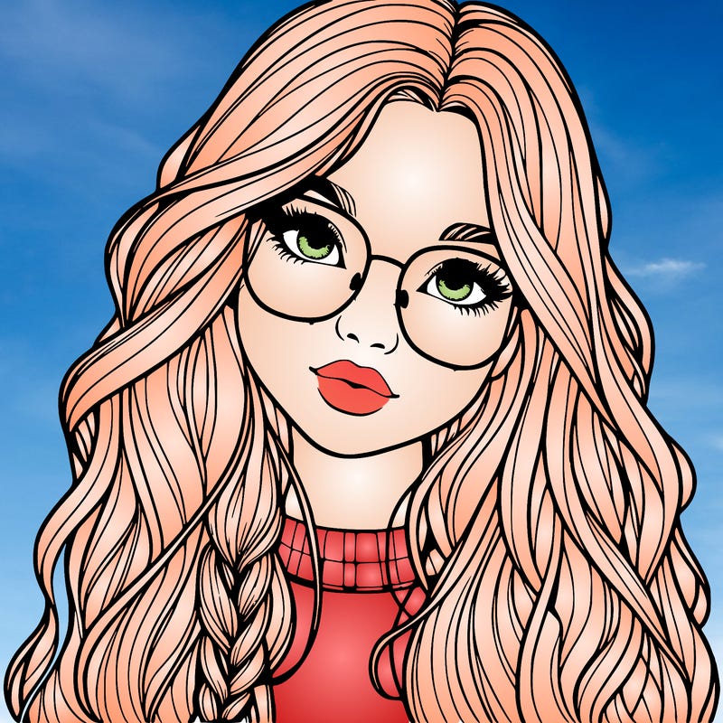 girl with long hair and freckles and glasses realistic