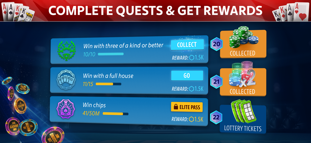 チップや宝くじを含む、さまざまなポーカークエストと報酬が表示されたオマハ・ポーカー：Pokeristの画面