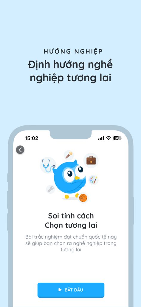 Dicamon - Giải Toán Lý Hóa Anh - Dicamon-App-Screenshot, der die Berufsberatungsfunktion mit Persönlichkeitstests für Studenten zeigt