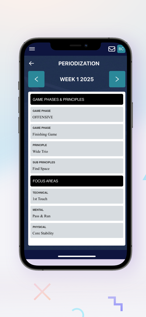 Soccer coaching app periodization screen showing offensive training phases and focus areas