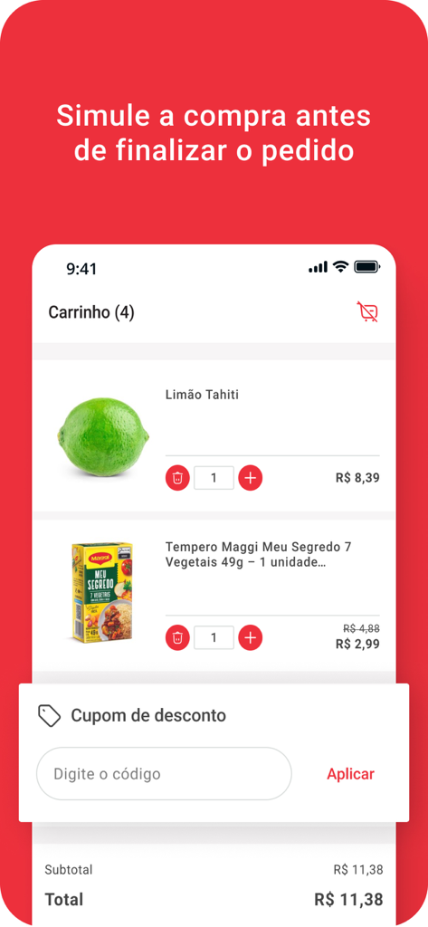 Mambo - Smartphone screen showing the Mambo app grocery cart with items and a discount coupon field