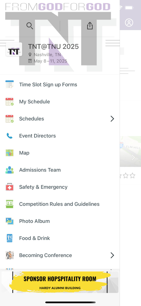 TNT @ TNU - TNT at TNUアプリのナビゲーションメニュー。イベントスケジュールとサインアップフォームが表示されています。