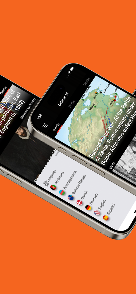 Uno schermo di smartphone che mostra eventi storici della Seconda Guerra Punica e un elenco delle lingue disponibili nell'app History.