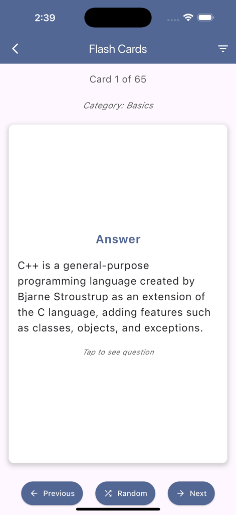 C++ Flashcards and Dictionary - Karteikarten-App für C++-Grundlagen, Kategoriekarte mit der Definition der C++-Programmiersprache.