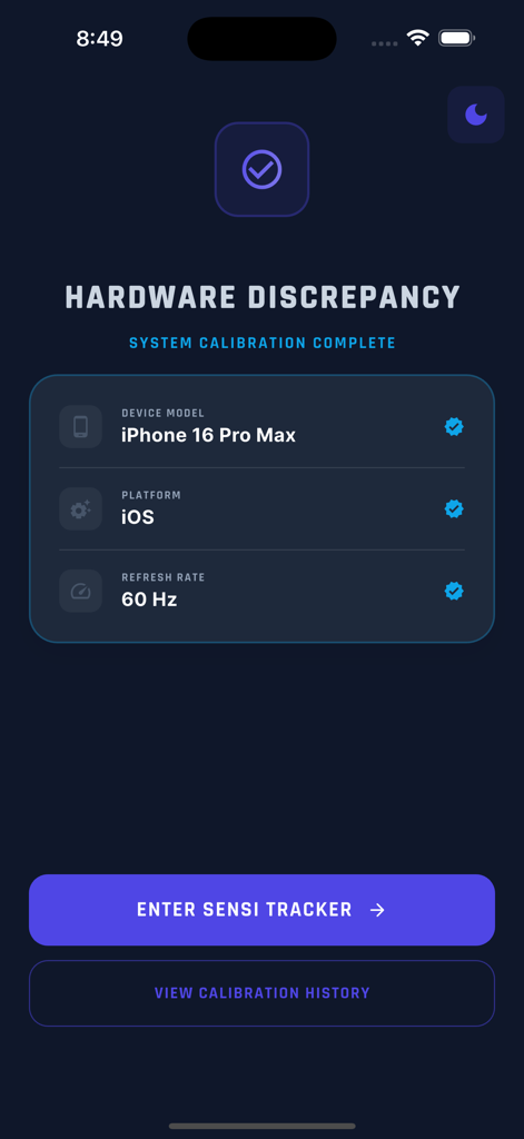 Interfaz de la aplicación Sensi Tracker que muestra los resultados de la calibración de hardware para iPhone 16 Pro Max, incluyendo plataforma y frecuencia de actualización
