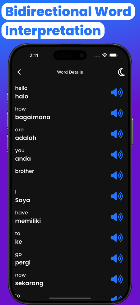 Malay-English Translator Words - Malay and English translation word list with audio pronunciation icons