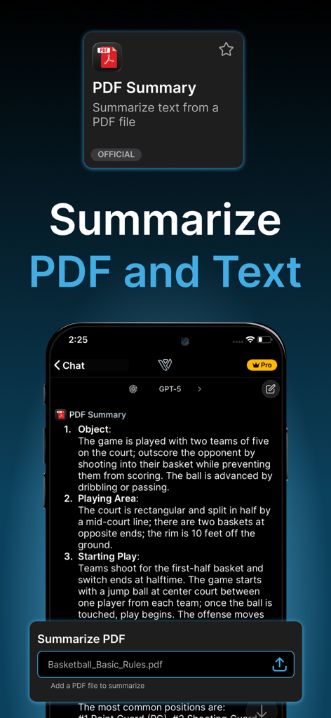 Interfaz de la aplicación Vivana mostrando la función de resumen de PDF y texto impulsada por IA.