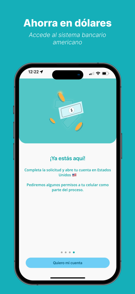 Tu Cuenta Dólar FACEBANK - Facebank mobile app onboarding screen showing the option to open a US dollar bank account
